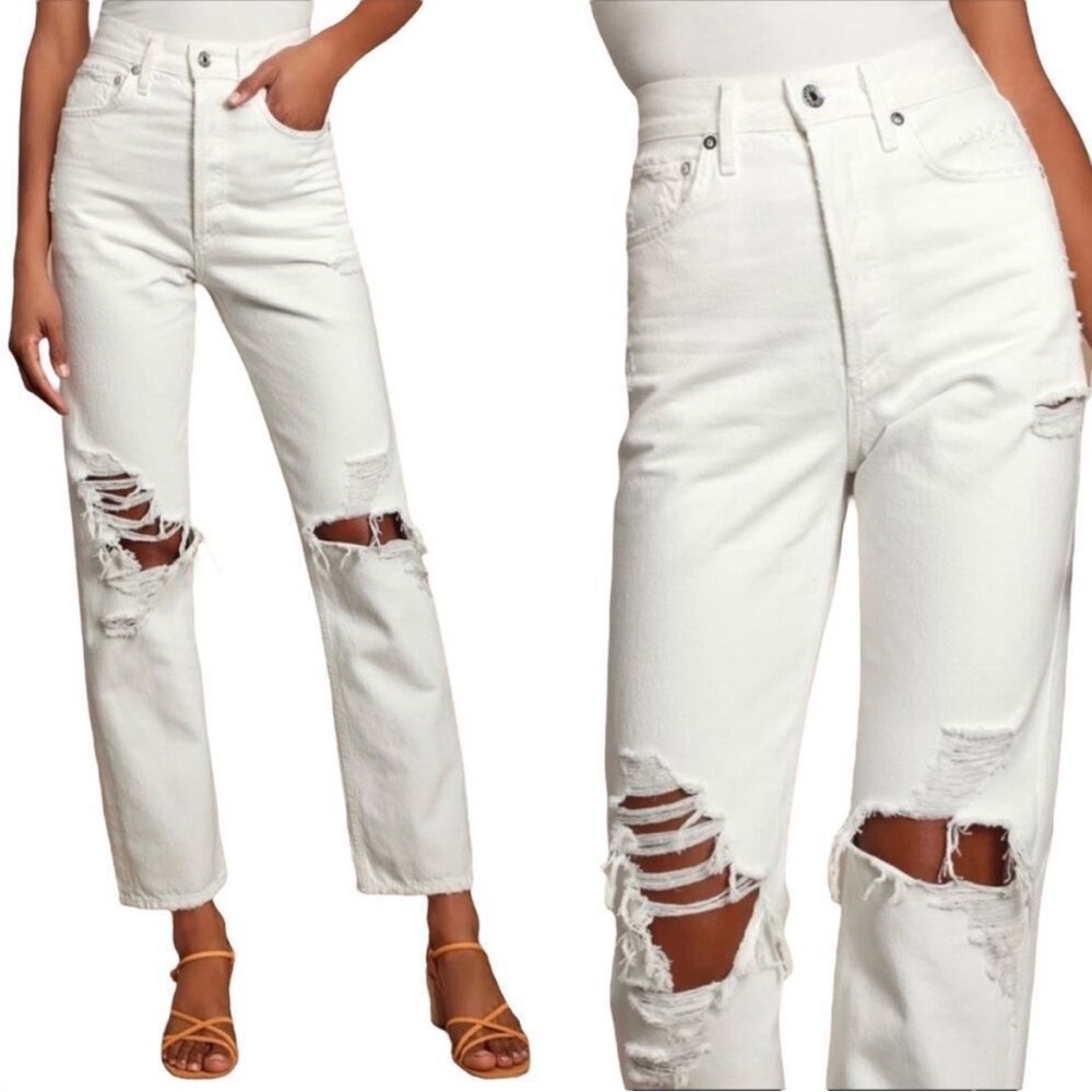 AGOLDE 90’s Fit High Rise Denim Jeans in White Out Distressed Size 25